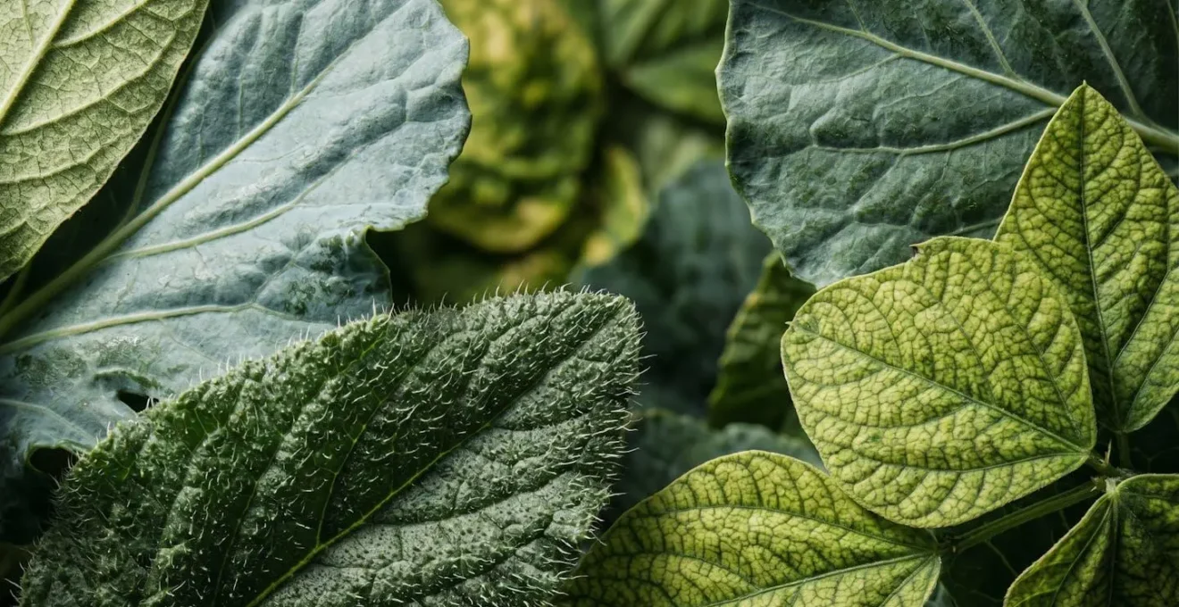 Close-up macro photograph showing contrasting plant textures and leaf structures in a polyculture arrangement creating visual complexity that disrupts pest navigation