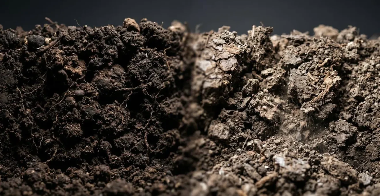 Split composition showing intact soil aggregates with stable carbon-rich organic matter versus disrupted soil structure after tillage disturbance