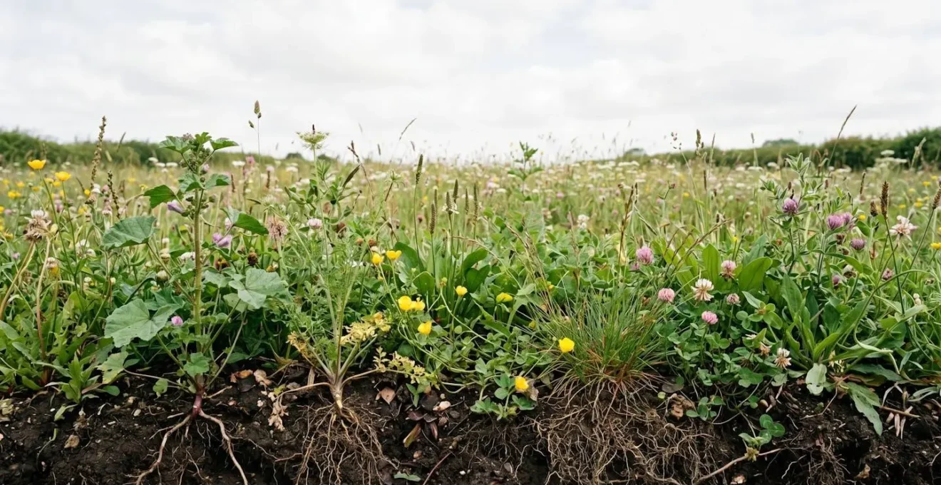 Wide environmental view of diverse plant community showing soil health bio-indicators in natural setting