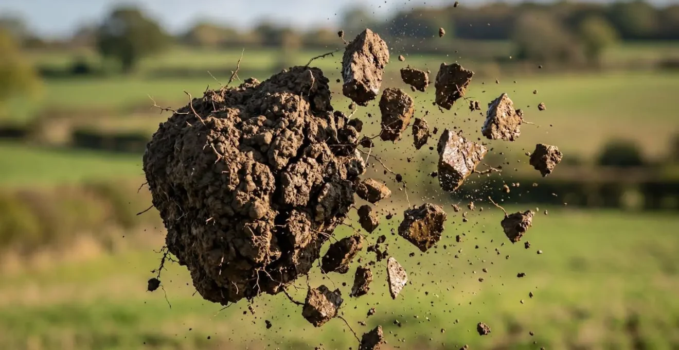 Dramatic close-up of a soil clod mid-shatter showing fracture lines and internal aggregate structure against a blurred natural background