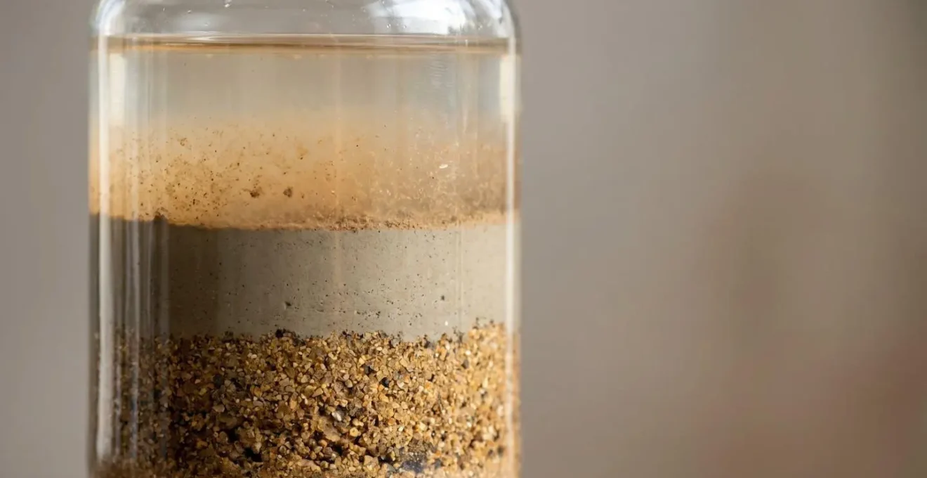 Close-up macro view of settled soil layers in a clear glass jar showing distinct sand, silt and clay stratification after 24 hours