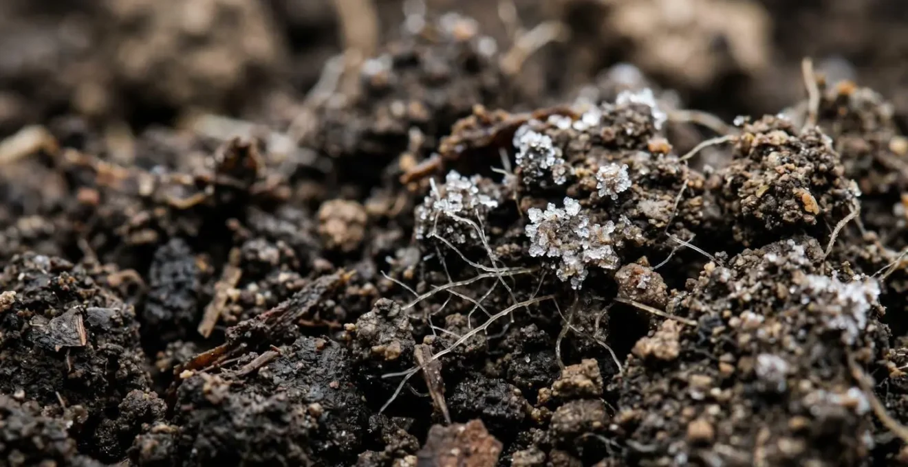 Macro view of soil structure showing biological activity cessation at cold temperatures