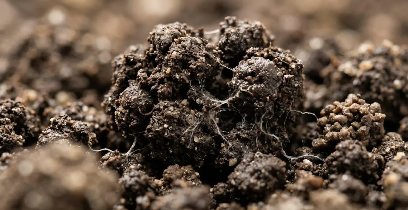 Extreme macro detail of soil aggregates showing organic matter binding and pore spaces for water retention
