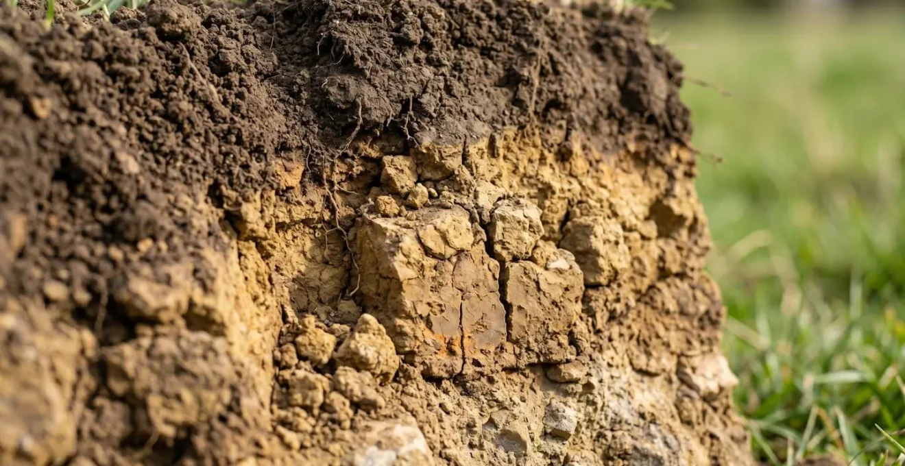 Close-up view of soil profile wall showing distinct horizon layers and texture variations for field documentation