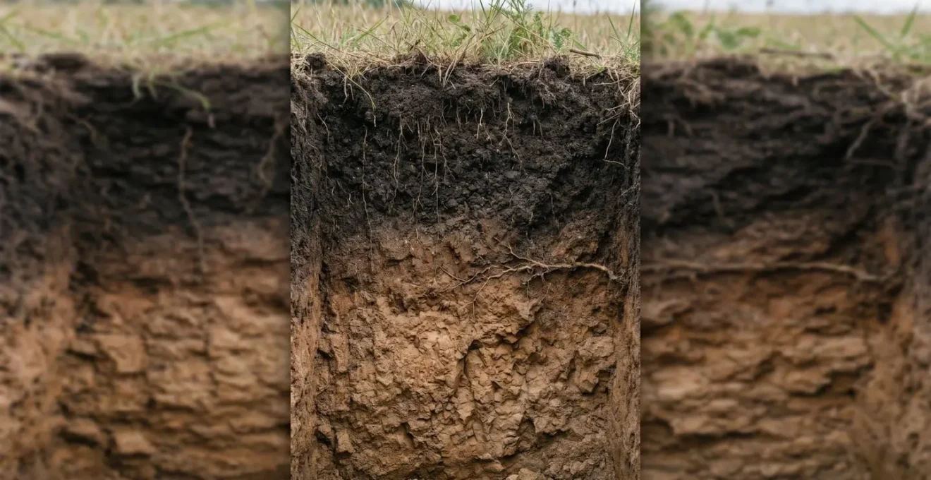 Vertical soil profile showing distinct horizons from dark topsoil through transition zone to lighter subsoil with visible structural differences