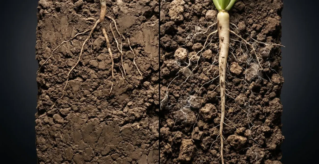 Split-view showing compacted versus decompacted soil profile with deep crop root systems and visible soil pore structure