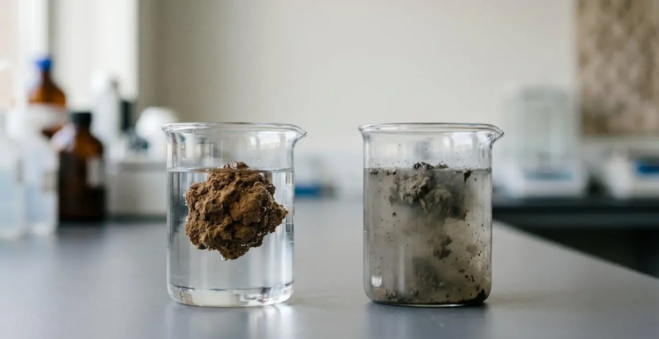 Visual comparison demonstrating soil aggregate stability test showing structural differences between healthy and degraded soil samples
