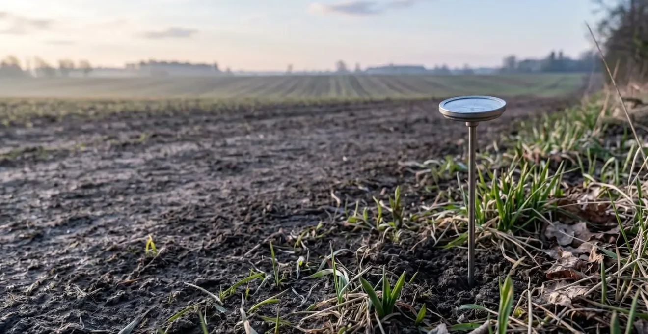 Environmental photograph showing soil temperature monitoring setup in agricultural field during spring rebound period