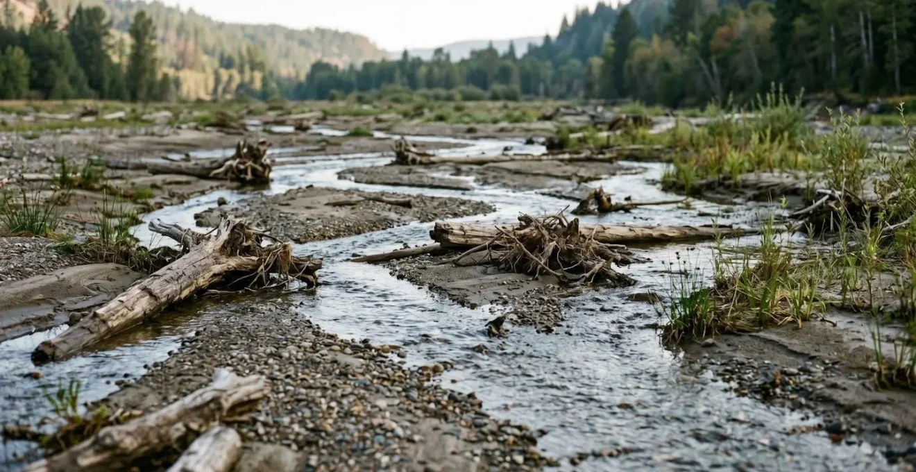 Close-up view of a restored river valley floor showing multiple interconnected channels and wetlands with natural wood structures