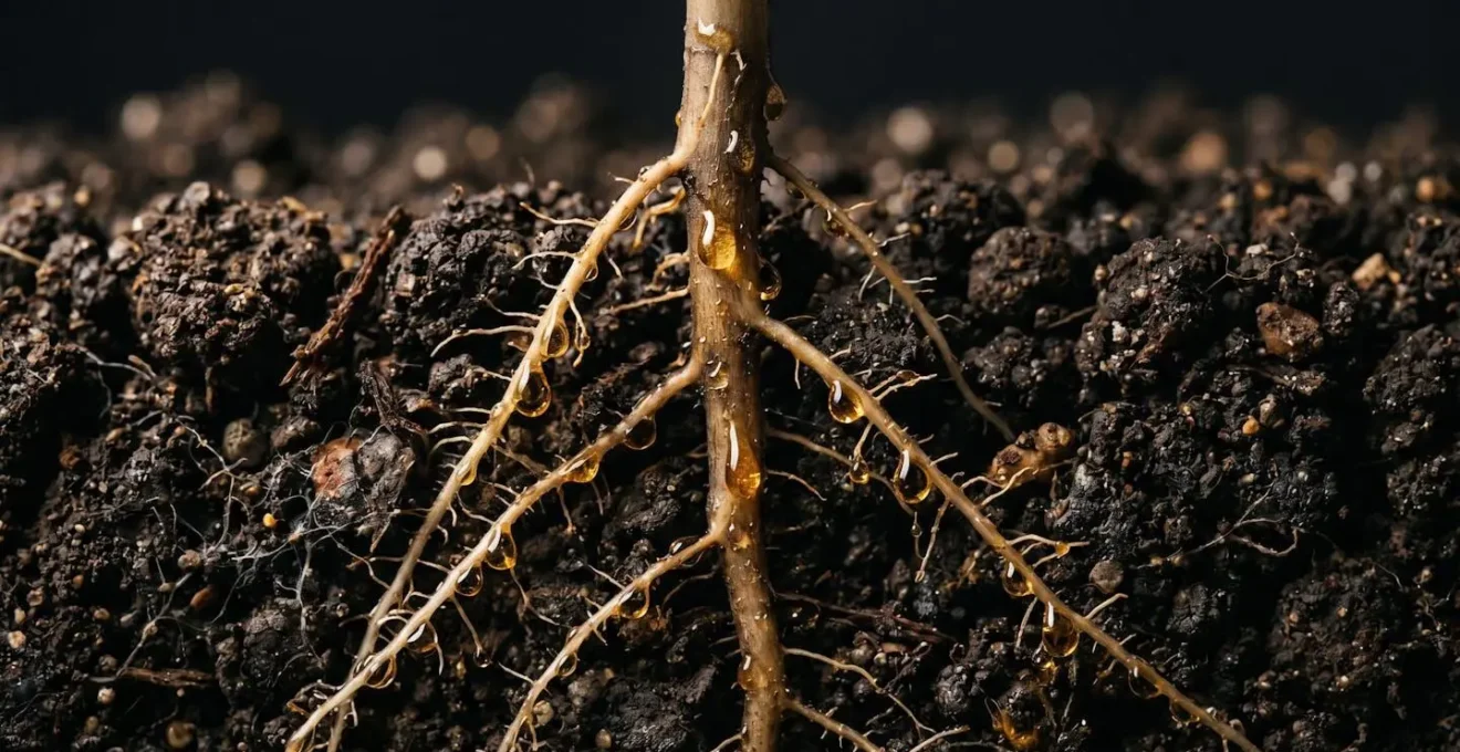 Conceptual view of plant root system with flowing sugary compounds moving toward soil microorganisms