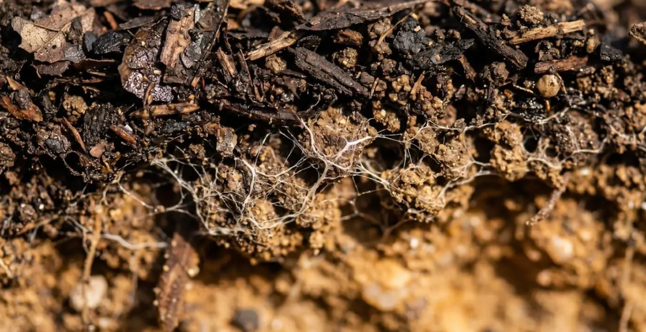 Cross-section showing surface-applied compost layer feeding the fungal network in topsoil horizons