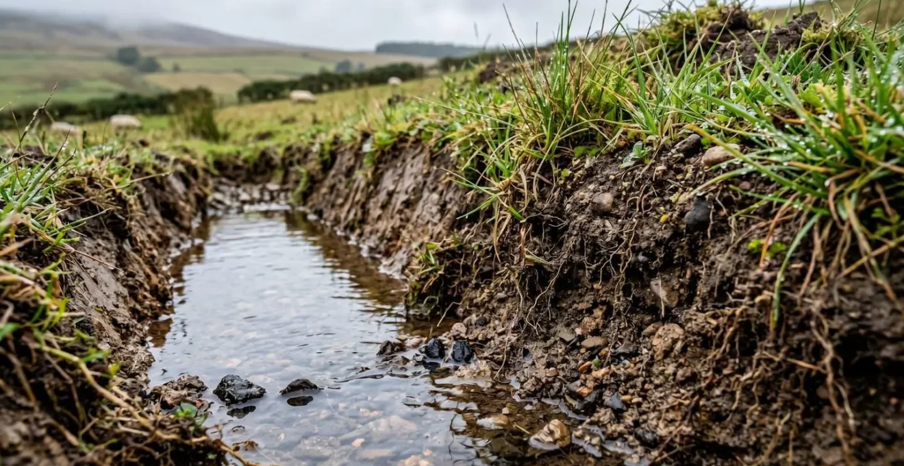 Close-up cross-section view of a vegetated swale and berm system on a hillside with water pooling in trench