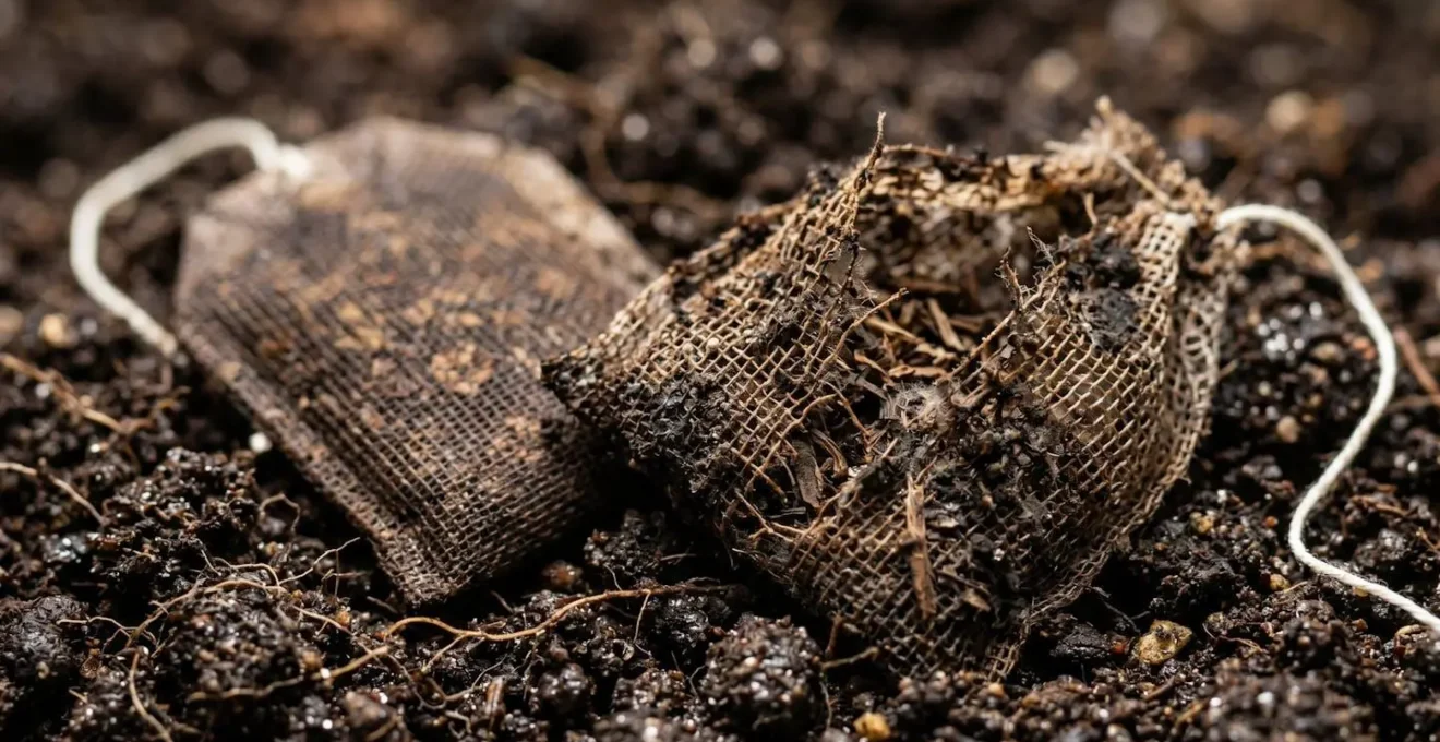 Macro photograph showing contrasting decomposition stages of tea bags buried in soil for microbial activity assessment