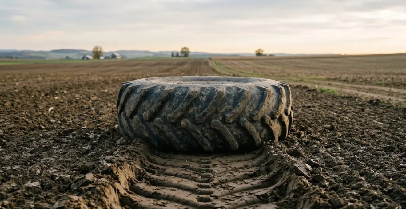 Agricultural tractor tire footprint demonstrating soil contact pressure and compaction risk