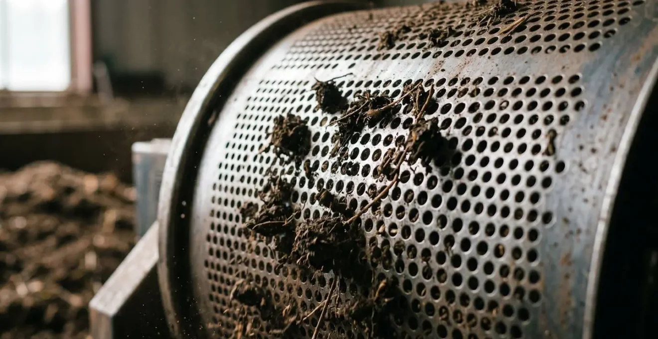 Industrial trommel screen machinery separating contaminants from organic compost material