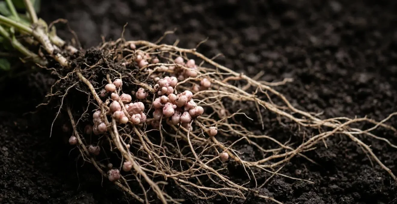 Detailed view of vetch root system showing characteristic nitrogen-fixing nodules on fibrous root structure