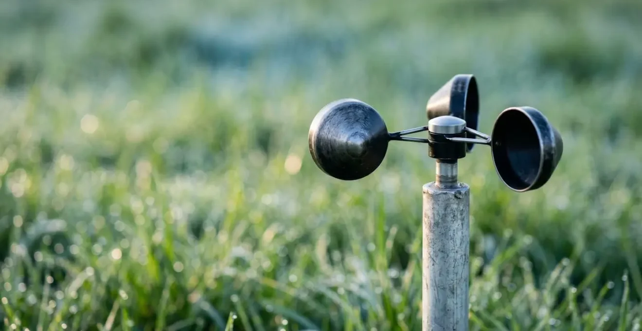 Close-up of weather monitoring equipment measuring atmospheric conditions over a green pasture field