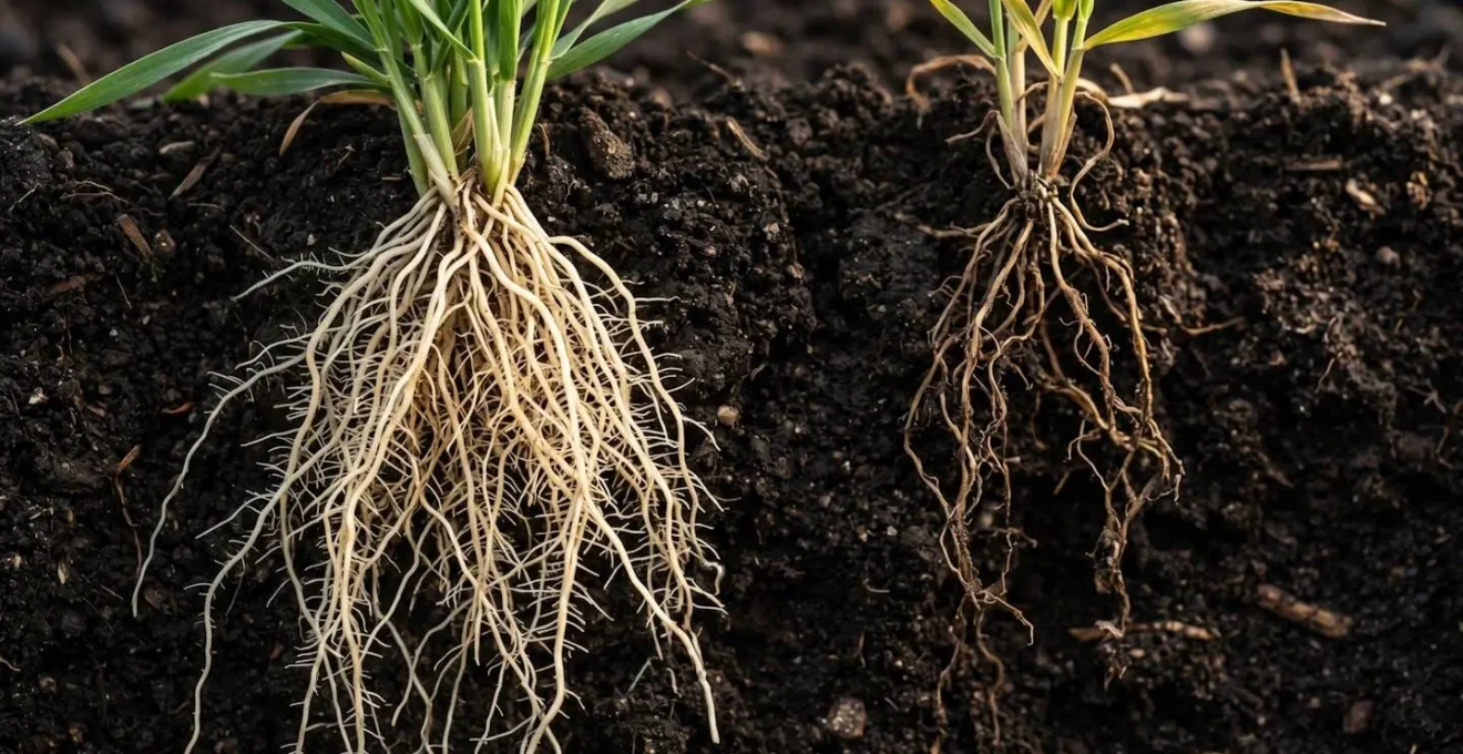 Close-up of wheat root system showing mycorrhizal fungal network and hyphal connections in soil
