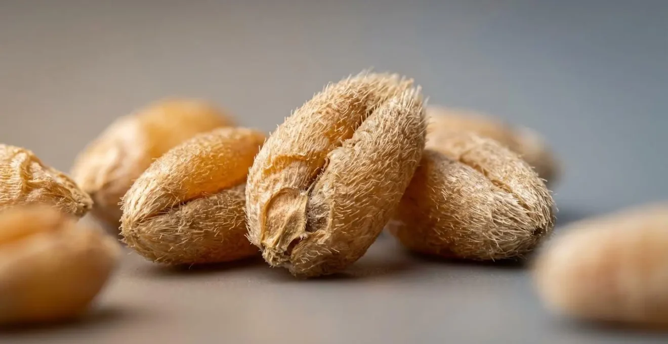 Macro close-up of wheat seed surface with biological inoculant powder adhering to seed coat
