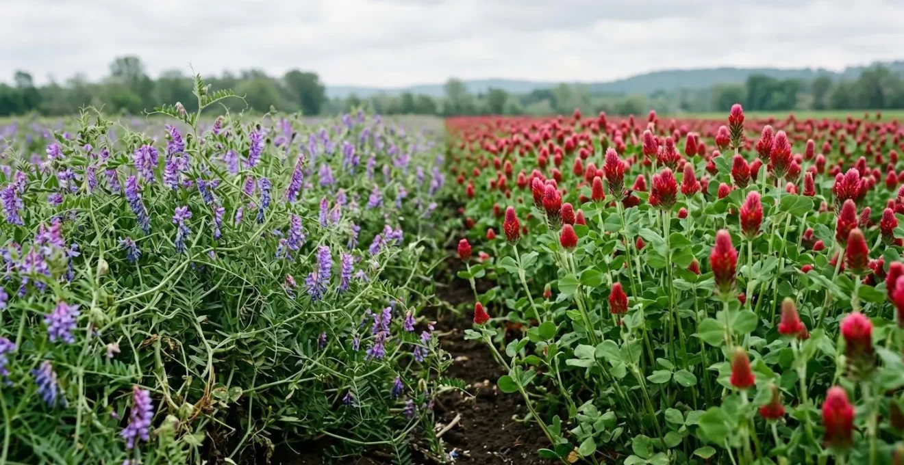 Side-by-side comparison of hairy vetch and crimson clover winter cover crops in an agricultural field